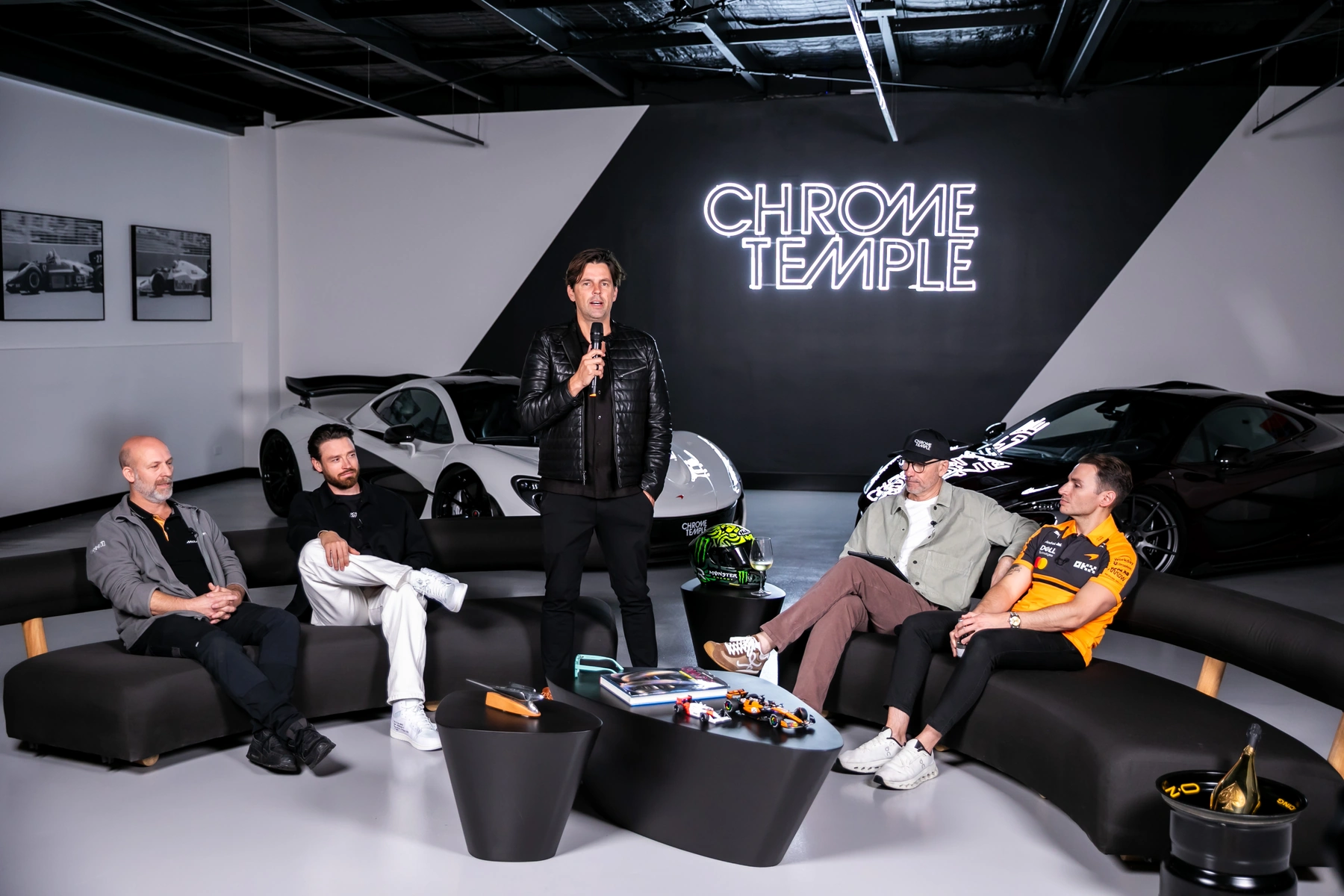 Chrome Temple Tyreside panel discussion with speakers and McLaren cars